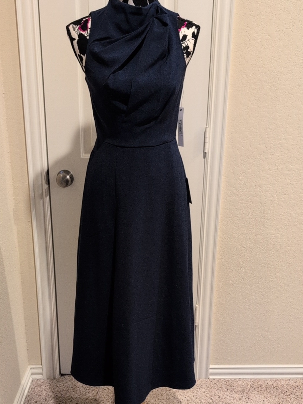 Maggy London Navy Sleeveless Midi Dress with Draped High Neck Size 2 NWT